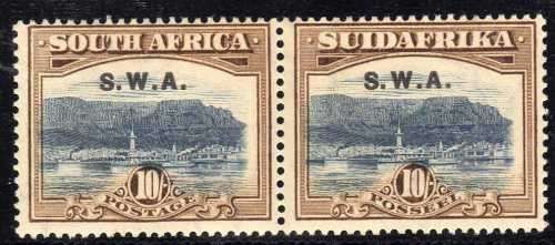 SOUTH WEST AFRICA 1927/30 10/-  VLMM PAIR WITH VIGNETTE SHIFT. SACC 90. CAT R2600++. (SACC 2017/18)