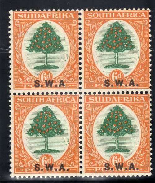 SOUTH WEST AFRICA 1927/30 6d FINE LMM/UMM BLOCK OF 4 NO STOP AFTER "A" VARIETY. SACC 86a.