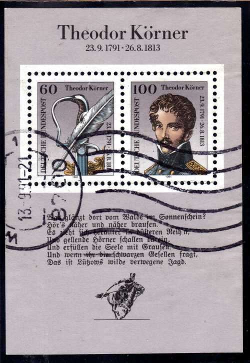 GERMANY 1991 "BIRTH BICENT OF T. KORNER" MINI SHEET FINE USED. SG MS 2412. CAT 4,25 POUNDS.