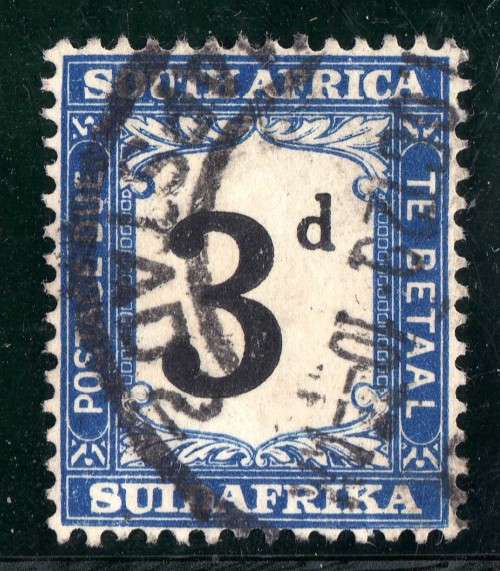 SOUTH AFRICA 1927-8 POSTAGE DUE 3d BLACK & BLUE V.F.U. SACC 20. CAT R450. (2017/18)