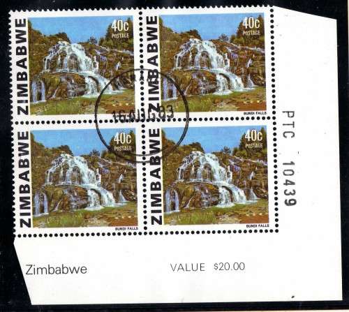 ZIMBABWE 1983 DEFIN 40c BUNDI FALLS CORNER/SHEET NUMBER BLOCK OF 4 VFU. SG 588a. CAT 16 POUNDS.
