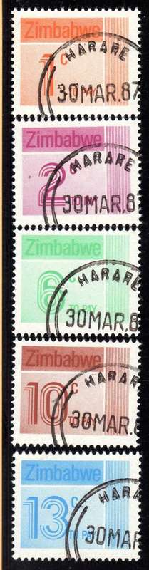 ZIMBABWE 1985 POSTAGE DUE SET OF 5 VFU. SG D28-32. CAT 6,25 POUNDS.