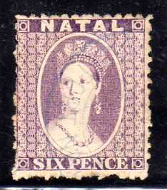NATAL 1863-65 6d LILAC MAUVE USED WITH LIGHT MANUSCRIPT CANCELLATION. SACC 19. CAT R240 (SACC 2015).