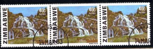 ZIMBABWE 1983 ADDITIONAL DEFINITIVE 40c BUNDI FALLS STRIP OF 3 VFU. SG 588a. CAT 12 POUNDS.