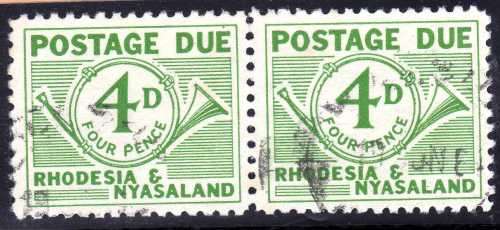 RHODESIA & NYASALAND 1961 POSTAGE DUE 4d PAIR VFU. SACC 5. CAT R400.