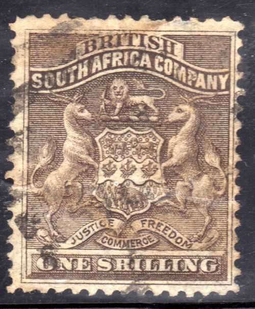 RHODESIA 1892 DEFIN 1/- GREY-BROWN FINE USED. SACC 4. CAT R220. (2017/18)