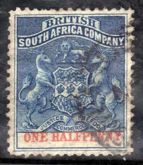 RHODESIA BSA COY 1892-4 DEFIN 1/2d DULL BLUE & VERMILLION VFU. SACC 18. CAT R70. (2017/18)