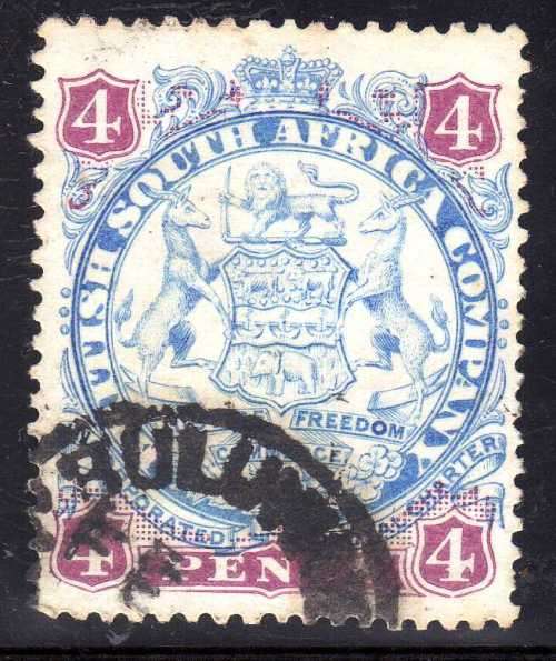 RHODESIA BSA COMPANY 1896-97 ARMS DEFIN 4d DIE I FINE USED. SACC 32. CAT R270. (SACC 2017/18)