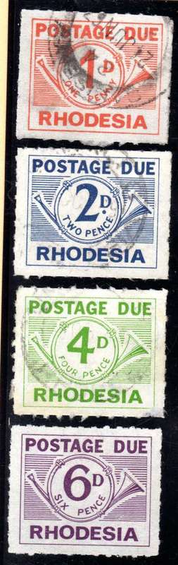 RHODESIA 1965 POSTAGE DUE SET OF 4 (1d, 2d & 4d VFU, 6d MINT NO GUM). SACC 1-4. CAT R410.