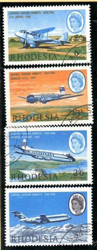 RHODESIA 1966 CENTRAL AFRICAN AIRWAYS 20TH ANNIV SET OF 4 VFU. SACC 161-164. CAT R121 (SACC 2017/18)