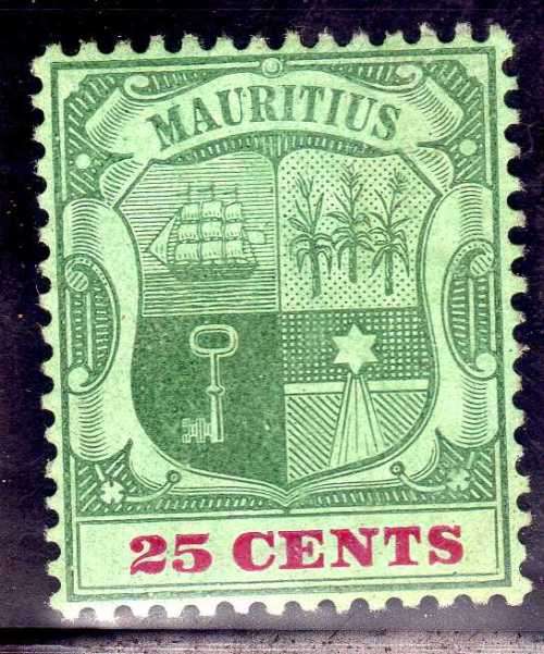 MAURITIUS 1900 DEFIN 25c GREEN AND RED ON GREEN FINE MOUNTED MINT. SG 151a. CAT 4,75 POUNDS.