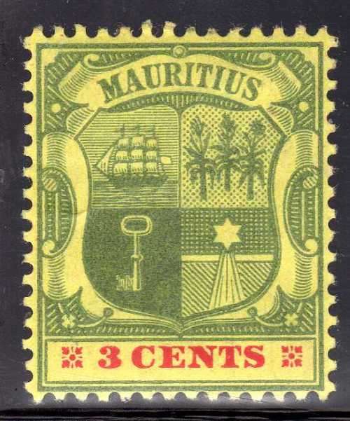 MAURITIUS 1900 DEFIN 3c GREEN AND RED ON YELLOW FINE MOUNTED MINT. SG 140. CAT 3,75 POUNDS.