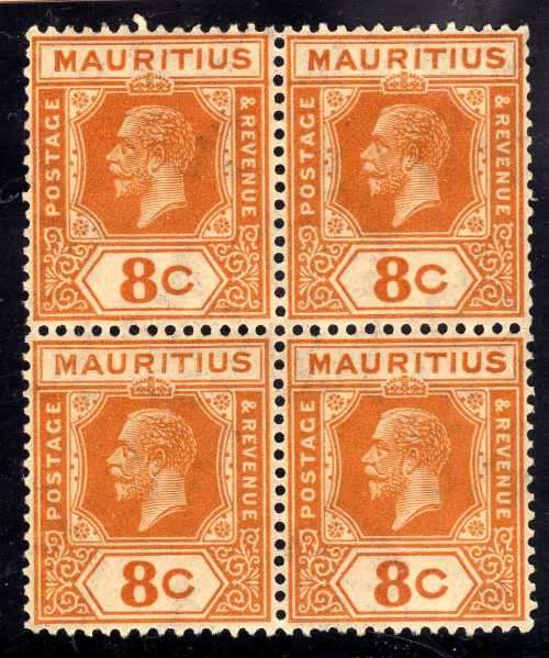 MAURITIUS 1921-34 KGV DEFIN 8c ORANGE BLOCK OF 4 LMM & UMM. SG 229. CAT 14 POUNDS.