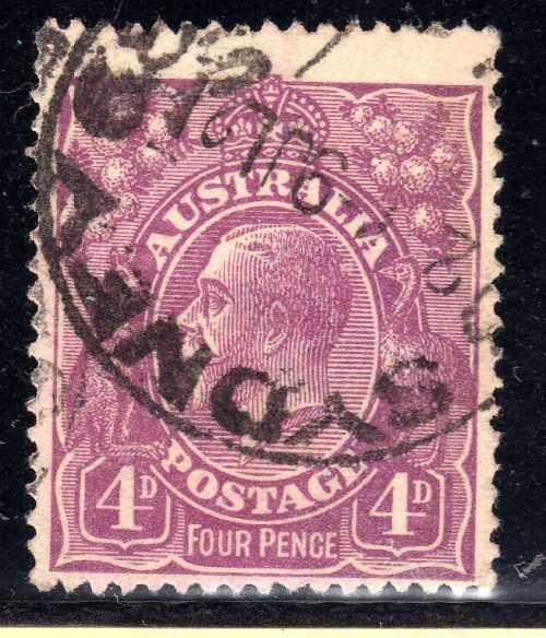 AUSTRALIA 1918 DEFIN 4d VIOLET W/MARK 5 VFU. SG 64. CAT 15 POUNDS.