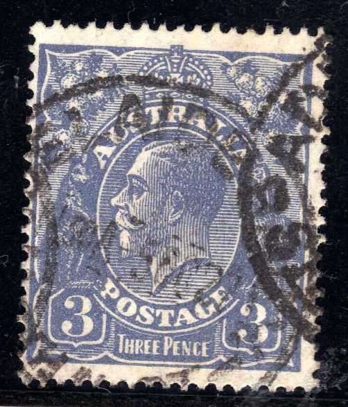 AUSTRALIA 1926-30 DEFIN 3d DULL ULTRAMARINE PERF 14 W/MARK 7 FINE USED. SG 90. CAT 5 POUNDS.