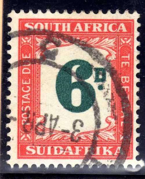 SOUTH AFRICA 1948-49 6d POSTAGE DUE V.F.U. SACC 37. CAT R160. (SACC 2017/18)