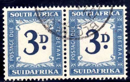 SOUTH AFRICA 1948-49 POSTAGE DUE 3d PAIR V.F.U. SACC 36. CAT R600. (SACC 2017/18)