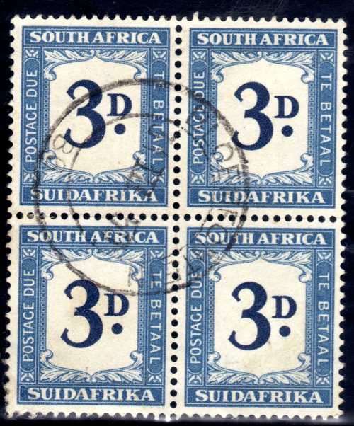 SOUTH AFRICA 1948-49 POSTAGE DUE 3d BLOCK OF 4 V.F.U. SACC 36. CAT R1200. (SACC 2017/18)