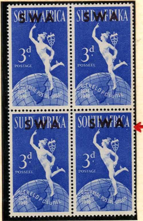 SOUTH WEST AFRICA 1949 UPU 3d UMM BLOCK OF 4 WITH VAR WHITE DOT UNDER "A". SACC 168v.