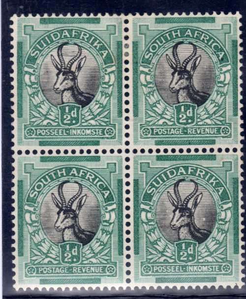 SOUTH AFRICA 1930-45 ROTO 1/2d BLOCK OF 4 MM WITH "COBWEB" VARIETY. SACC 42g. CAT R865.