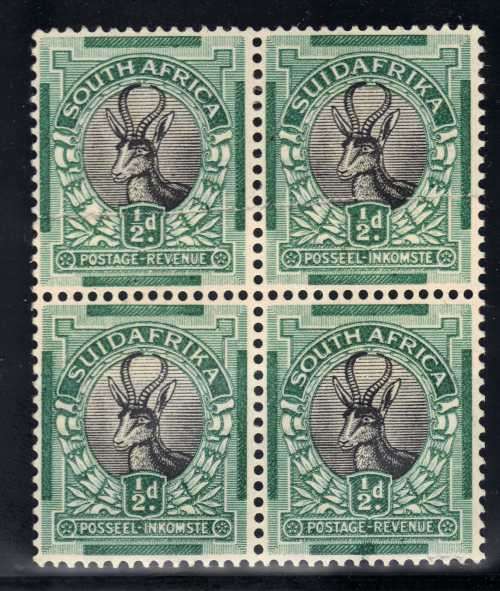SOUTH AFRICA 1930-45 ROTO 1/2d BLOCK OF 4 WITH PAPER JOIN VERY FINE MM SACC 42v UHB 36V31. CAT R7000
