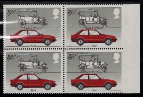 GREAT BRITAIN 1982 "MOTOR CARS" 19,5p BLK OF 4 UMM WITH IMPERF VAR. PIERRON STATES 20 KNOWN. SG 1199