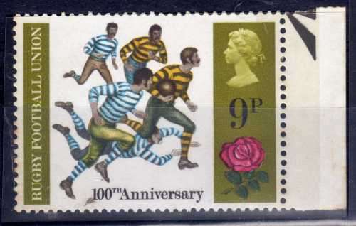 GREAT BRITAIN 1971 "ANNIVERSARY OF RUGBY" 9p UMM WITH VAR OLIVE-BROWN OMITTED. SG 889a. CAT 325 GBP.