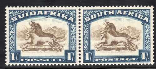 SOUTH AFRICA 1930-45  ROTO 1/- BROWN & BLUE INV WMK LMM PR WITH VARIETY BLUE LINE UNDER "F". UHB V5.