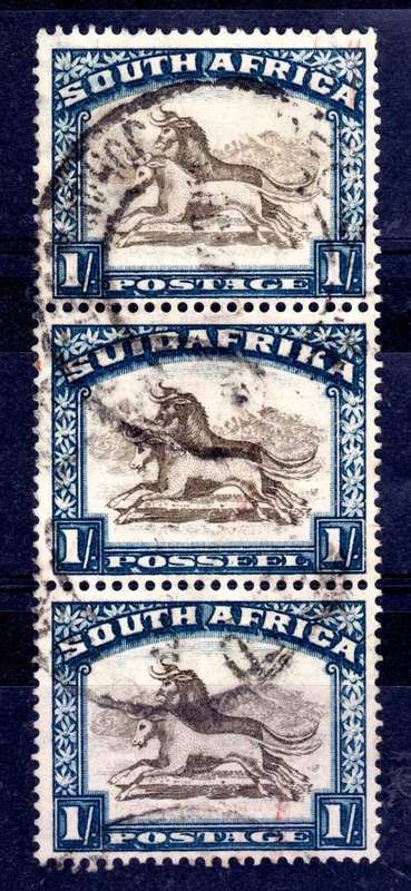 SOUTH AFRICA 1930-45 1/- BROWN & BLUE UPR WMK VERT STRIP 3 VFU. SACC 49. CAT R500 FOR HORZ PAIR.