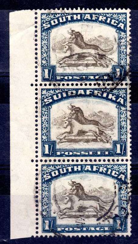 SOUTH AFRICA 1930-45 1/- BROWN & BLUE UPR WMK VERT STRIP 3 VFU. SACC 49. CAT R500 FOR HORZ PAIR.