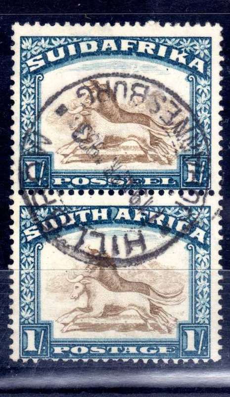 SOUTH AFRICA 1930-45 1/- YELLOW BROWN & BLUE INV WMK VERT PAIR VFU SACC 49b. CAT R250 FOR HORZ PAIR.