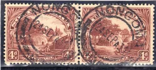 SOUTH AFRICA 1930-45 ROTO 4d BROWN (1ST ISSUE) SCARCE UPR WMK HORIZ PAIR VFU. SG 46. CAT 150 POUNDS.