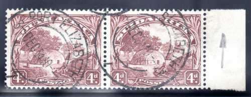 SOUTH AFRICA 1930-45 ROTO 4d BROWN (1ST ISSUE) SCARCE UPR WMK HORIZ PAIR VFU. SG 46. CAT 150 POUNDS.