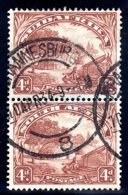 SOUTH AFRICA 1930-45 ROTO 4d BROWN (1ST ISSUE) UPR WMK VERT PAIR USED WITH TEAR. SG 46. CAT 150 GBP