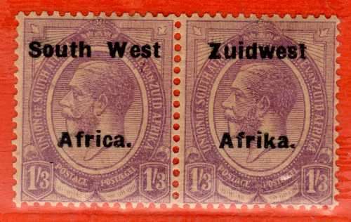 SOUTH WEST AFRICA 1923 SA KGV O/P 1/3d PALE VIOLET TYPE 6 HRZ PAIR MM. SACC 47 CAT R280. (SACC 2018)