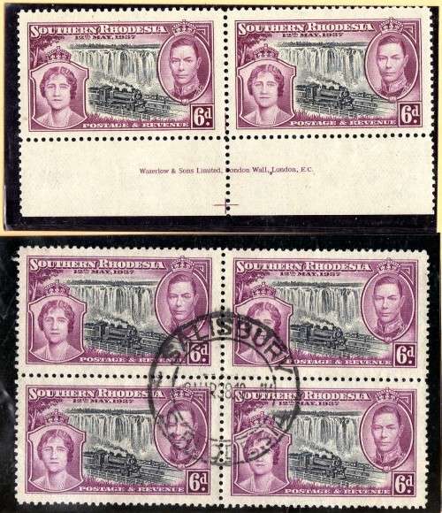 SOUTHERN RHODESIA 1937 CORONATION 6d INSCR PR LMM & 6d BLOCK 4 VFU. SACC 41. CAT R320+++ (SACC 2018)