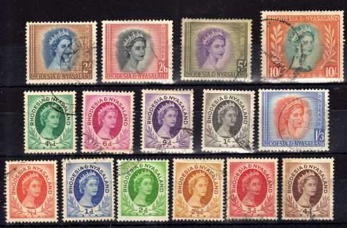 RHODESIA & NYASALAND 1954 DEFIN PART SET OF 15 V.F.U. SACC 1-14. CAT R468. (2015)