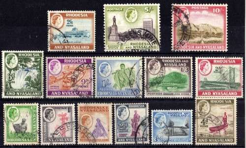 RHODESIA & NYASALAND 1959 DEFIN PART SET OF 14 FINE-V.F.U. SACC 18-31. CAT R530. (2015)