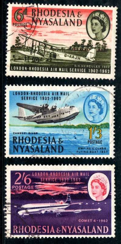 RHODESIA & NYASALAND 1962 AIRMAIL ANNIV SET OF 3 V.F.U. SG 40 - 42. CAT 7,75 POUNDS.
