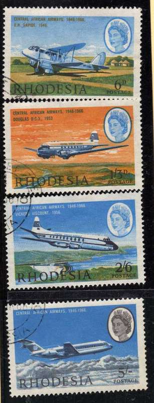 RHODESIA 1966 CENTRAL AFRICAN AIRWAYS 20TH ANNIV SET OF 4 VFU. SACC 161-164. CAT R121 (SACC 2017/18)
