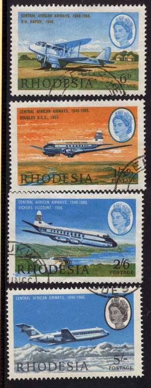 RHODESIA 1966 CENTRAL AFRICAN AIRWAYS 20TH ANNIV SET OF 4 VFU. SACC 161-164. CAT R121 (SACC 2017/18)