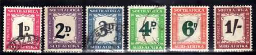 SOUTH AFRICA 1950-58 POSTAGE DUE SET OF 6 VFU. SACC 38-43. CAT R693. (SACC 2018)