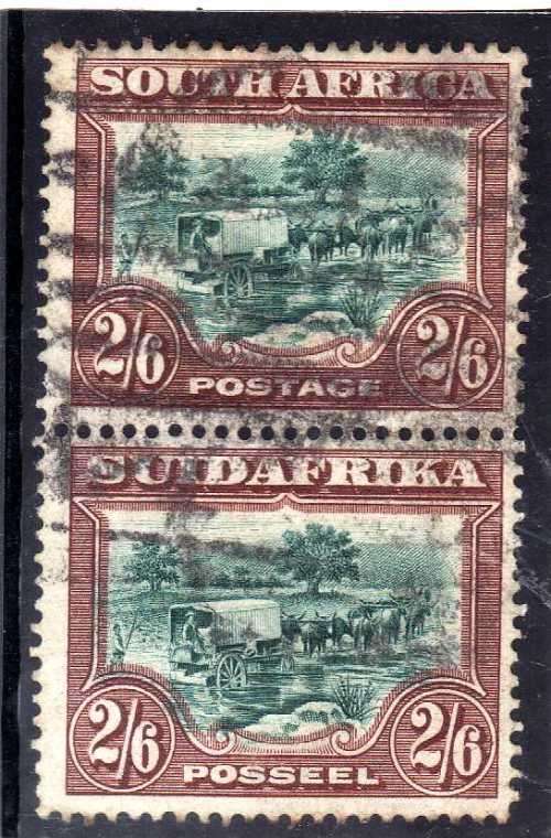SOUTH AFRICA 1927 LONDON PICTORIAL 2/6d VERT PAIR PERF 14 GOOD USED. SACC 37. CAT R5200 AS HRZ PAIR.