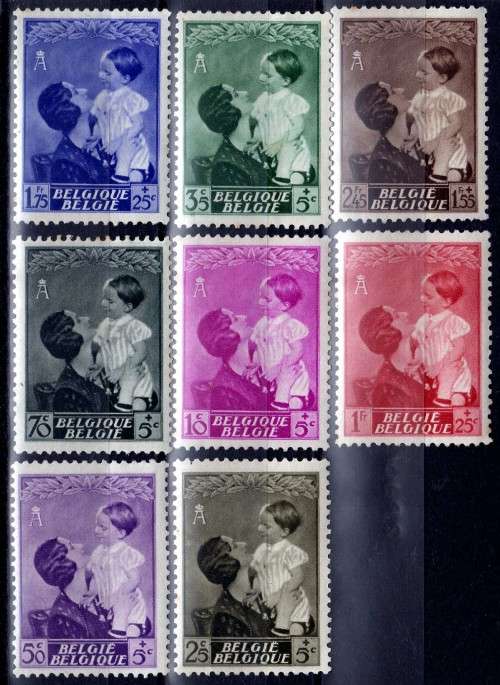 BELGIUM 1937 "QUEEN ASTRID FUND" SET OF 8 UNUSED. (MINT NO GUM) SG 787-94. CAT 16,25 POUNDS.