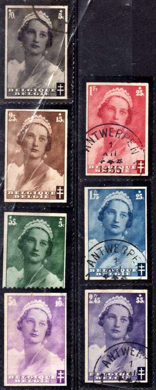 BELGIUM 1935 "ANTI-TUBERCULOSIS FUND" SET OF 7 MIXED VFU & MINT NO GUM. SG 714-720. CAT 9 POUNDS.