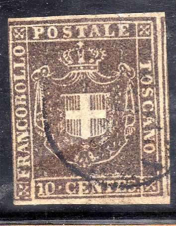 TUSCANY 1860 DEFIN 10c BROWN VERY FINE USED 4 MARGIN COPY. SG 43. CAT 60 POUNDS.