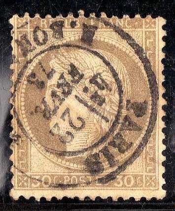 FRANCE 1870 "CERES" 30c BROWN FINE USED. SG 205. CAT 8,75 POUNDS.