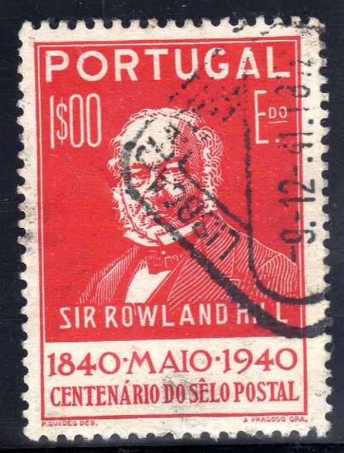 PORTUGAL 1940 "CENTENARY OF ADHESIVE POSTAGE STAMP" 1E RED VFU. SG 926. CAT 5,75 POUNDS.