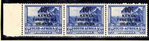 KENYA UGANDA TANGANYIKA 1941 SA STAMPS SURCHARGED 10c ON 3d STRIP OF 3 UMM. SG 152. CAT 6 POUNDS.