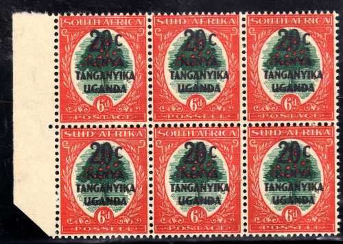 KENYA UGANDA TANGANYIKA 1941 SA STAMPS SURCHARGED 20c ON 6d BLOCK OF 6 UMM. SG 153. CAT 8++ POUNDS.